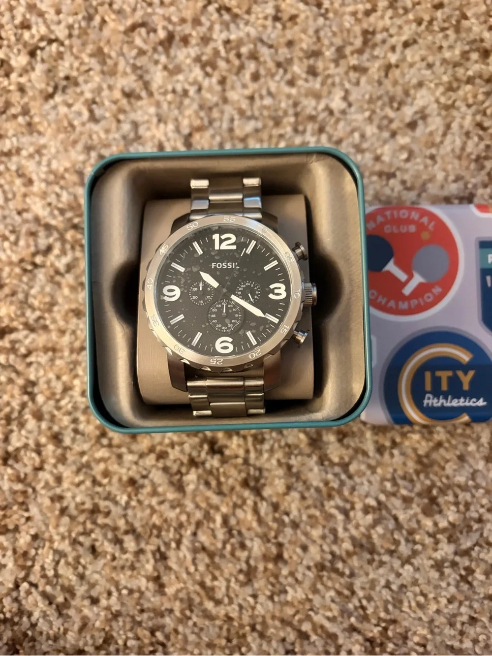 Fossil Silver-Tone Chronograph Watch with Black Dial w/gift box- Never Used